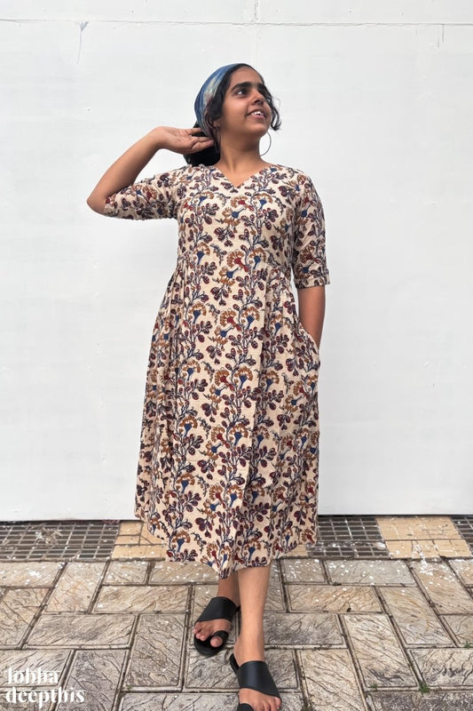 Almond Blossoms Bagru Side Pleated Dress - Lobha Deepthis