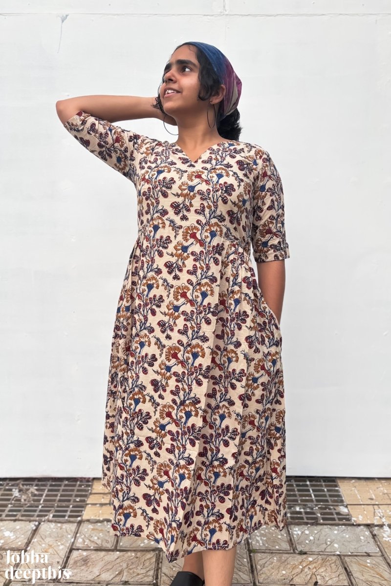 Almond Blossoms Bagru Side Pleated Dress - Lobha Deepthis