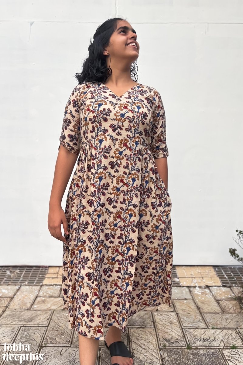 Almond Blossoms Bagru Side Pleated Dress - Lobha Deepthis