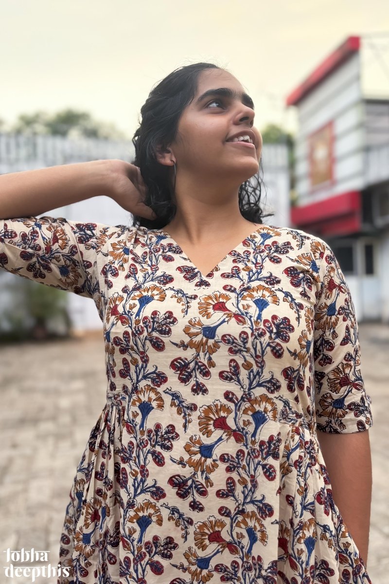 Almond Blossoms Bagru Side Pleated Dress - Lobha Deepthis