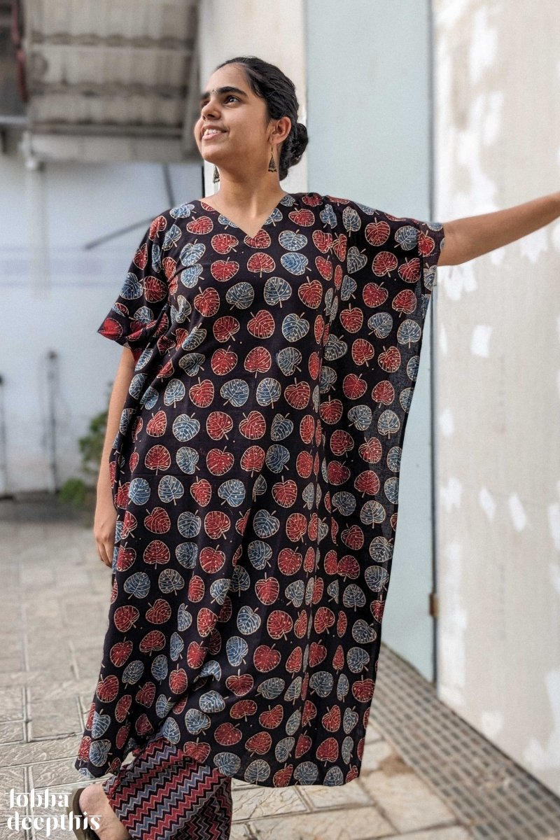 Ambal Leaves on Black Ajrakh Kaftan - Lobha Deepthis