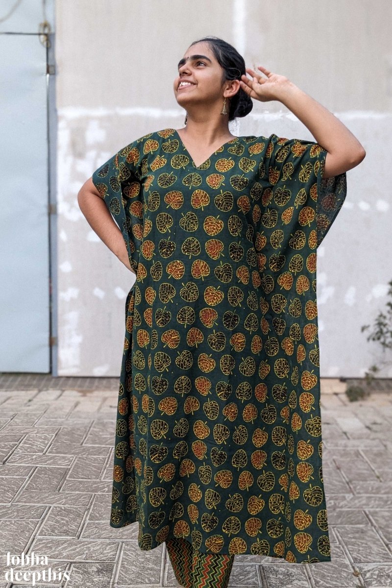 Ambal Leaves on Bottle Green Ajrakh Kaftan - Lobha Deepthis