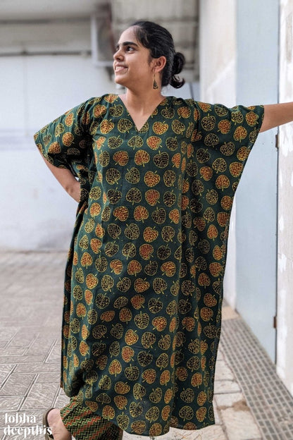 Ambal Leaves on Bottle Green Ajrakh Kaftan - Lobha Deepthis