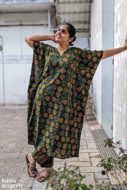 Ambal Leaves on Bottle Green Ajrakh Kaftan - Lobha Deepthis