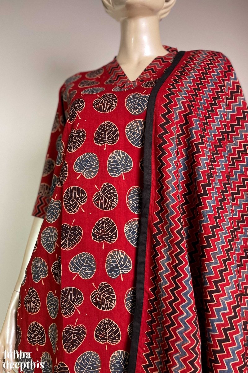 Ambal Leaves on Madder Red Kurta - Lobha Deepthis