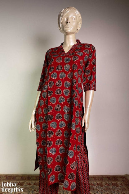 Ambal Leaves on Madder Red Kurta - Lobha Deepthis