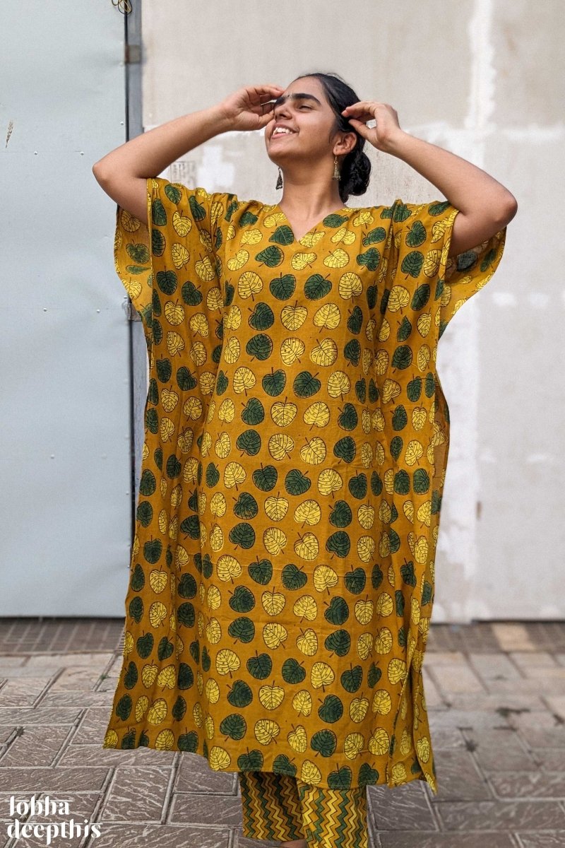 Ambal Leaves on Turmeric Ajrakh Kaftan - Lobha Deepthis