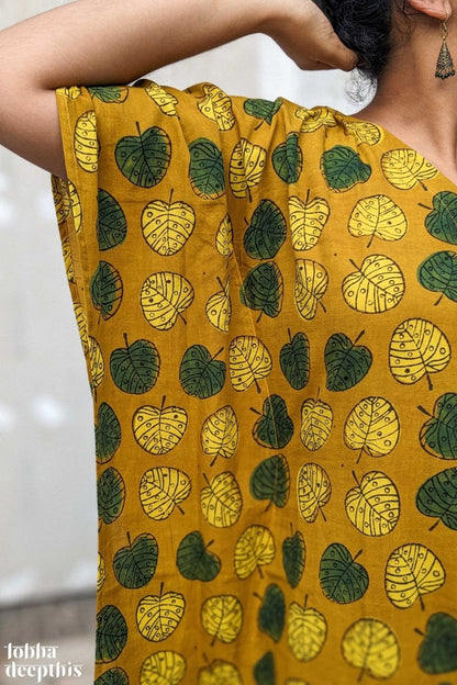 Ambal Leaves on Turmeric Ajrakh Kaftan - Lobha Deepthis