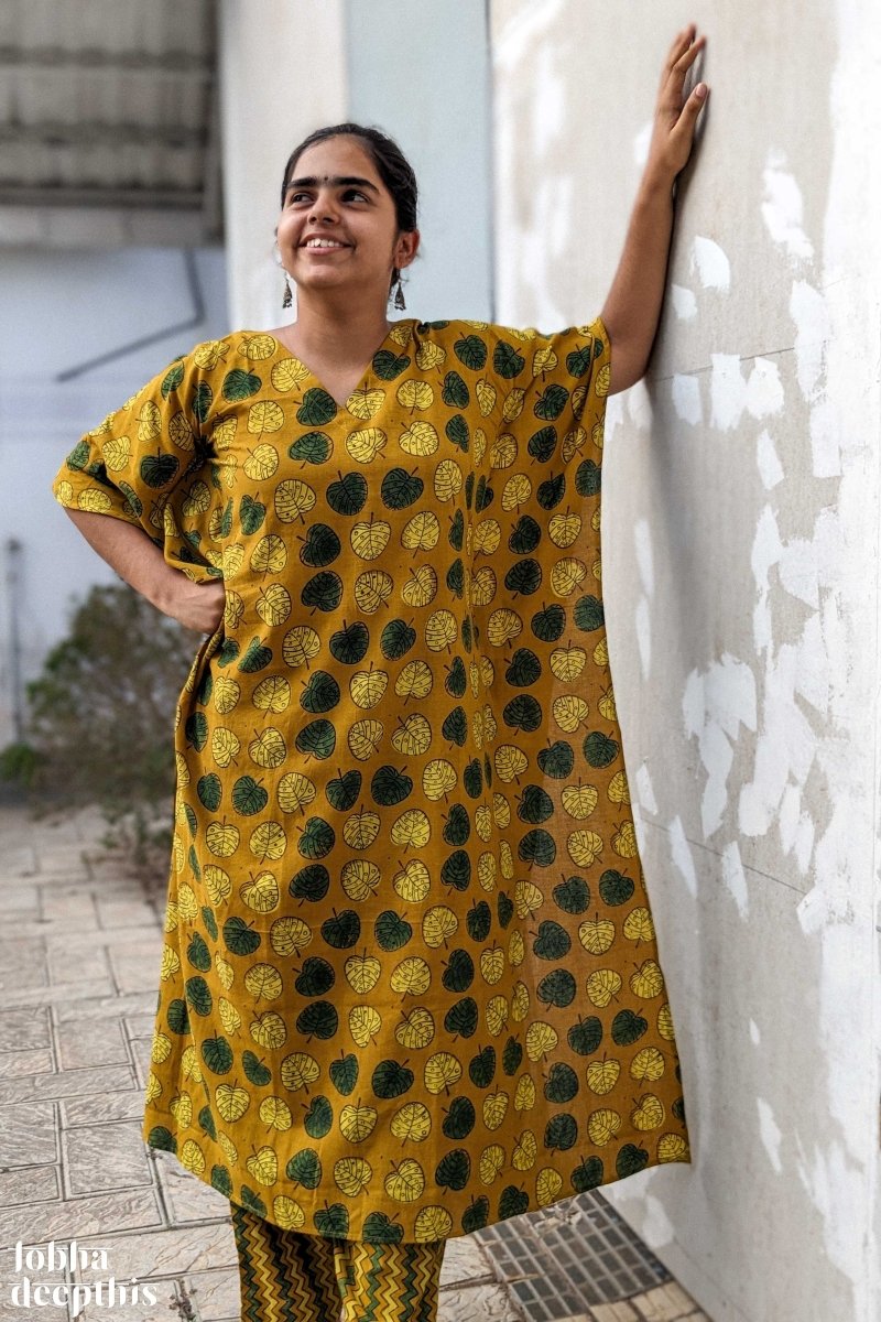 Ambal Leaves on Turmeric Ajrakh Kaftan - Lobha Deepthis