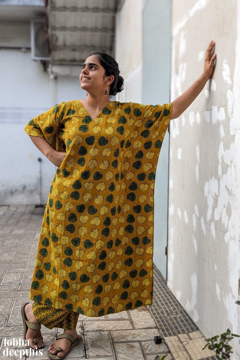 Ambal Leaves on Turmeric Ajrakh Kaftan - Lobha Deepthis