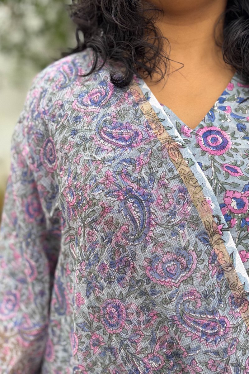 Aomi Sanganeri Handprinted Kota Doria Dupatta - Lobha Deepthis