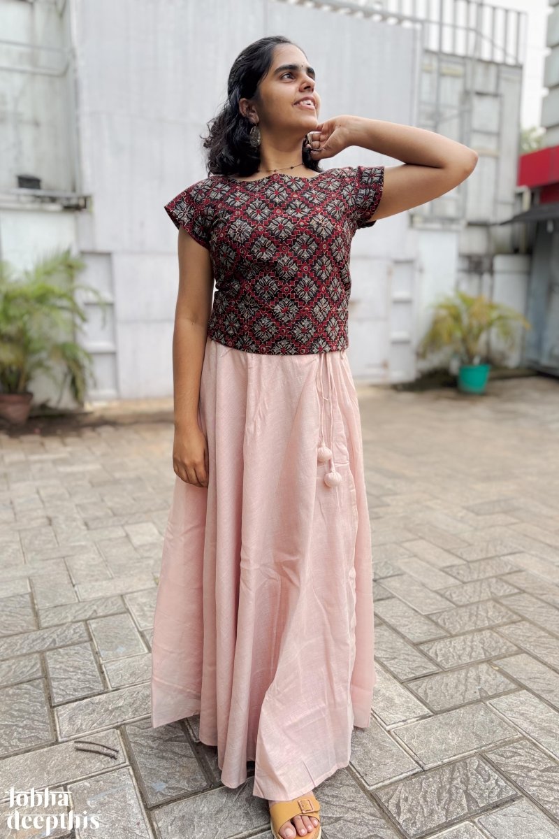 Black Ajrakh and Copper Tissue Onam Skirt & Top Set - Lobha Deepthis