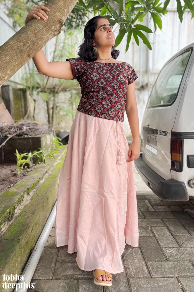 Black Ajrakh and Golden Tissue Onam Skirt Top Lobha Deepthis