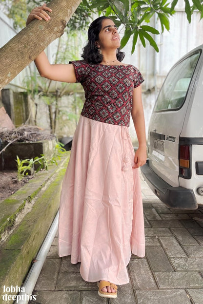 Black Ajrakh and Copper Tissue Onam Skirt & Top Set - Lobha Deepthis