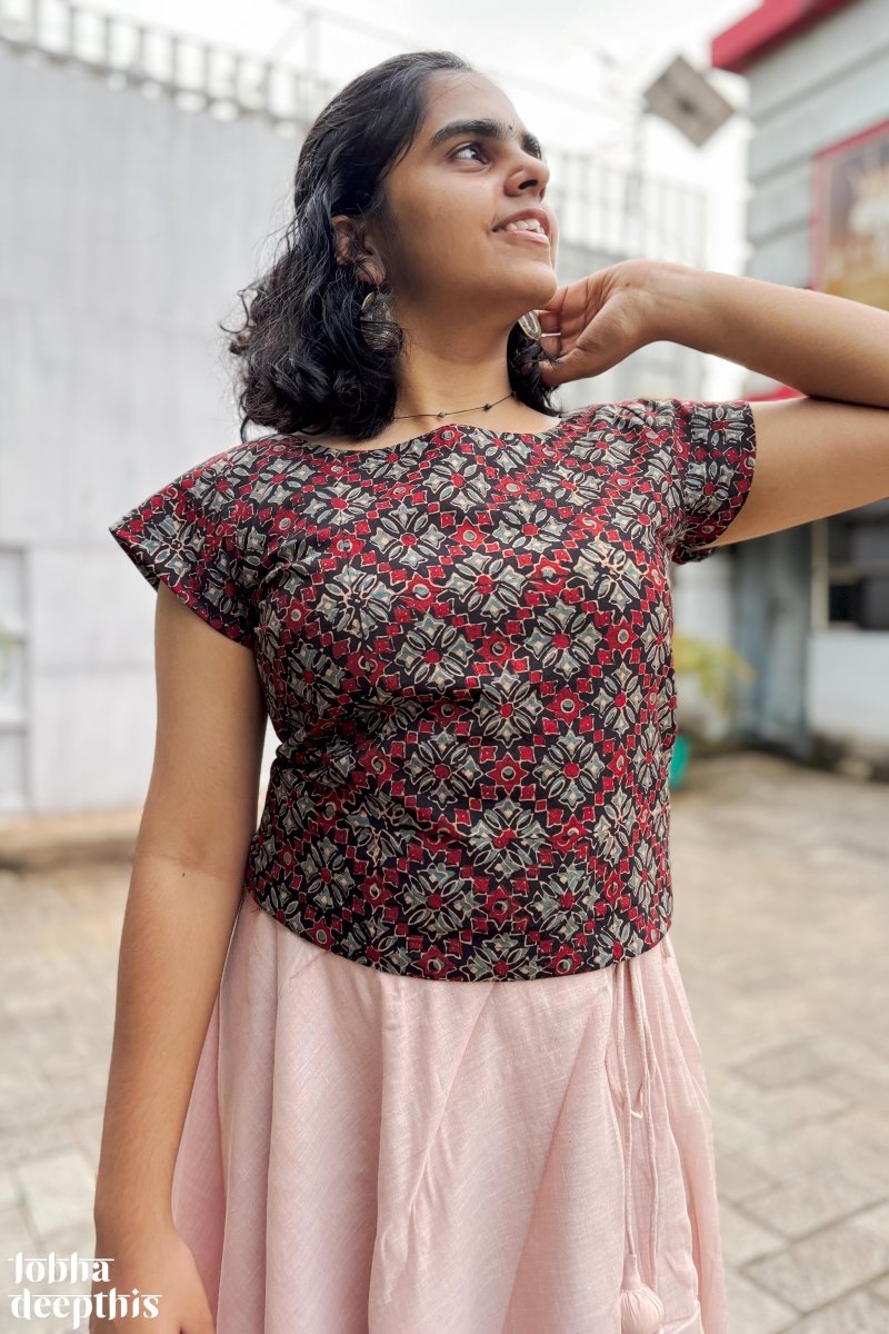 Black Ajrakh and Copper Tissue Onam Skirt & Top Set - Lobha Deepthis