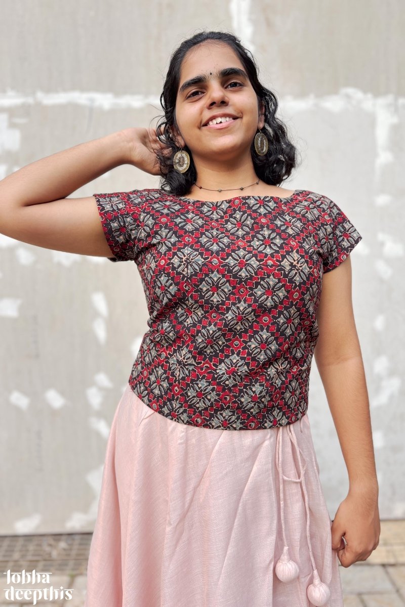 Black Ajrakh and Copper Tissue Onam Skirt & Top Set - Lobha Deepthis