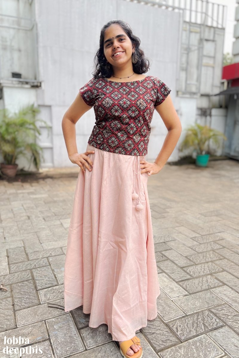 Black Ajrakh and Copper Tissue Onam Skirt & Top Set - Lobha Deepthis