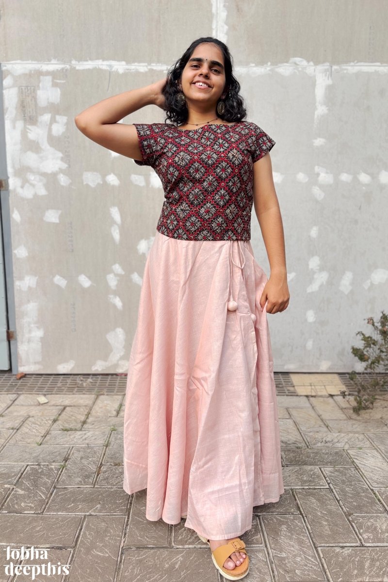 Black Ajrakh and Copper Tissue Onam Skirt & Top Set - Lobha Deepthis