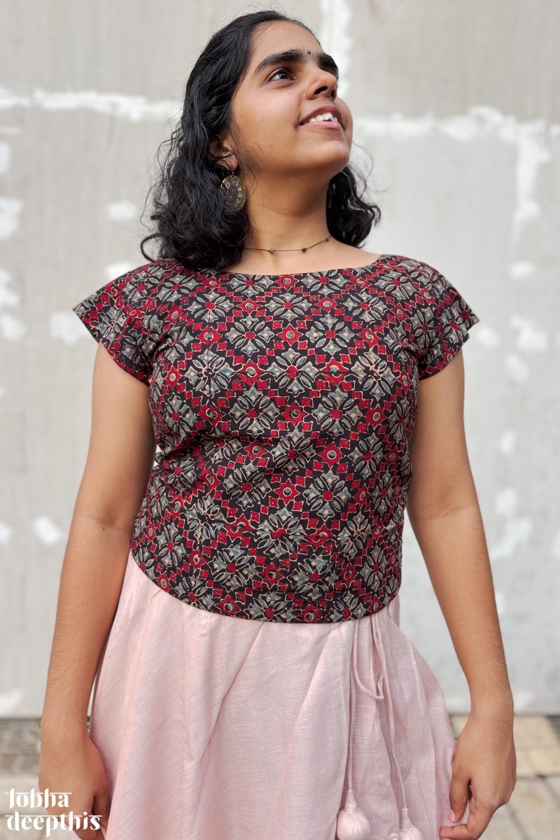 Black Ajrakh and Copper Tissue Onam Skirt & Top Set - Lobha Deepthis