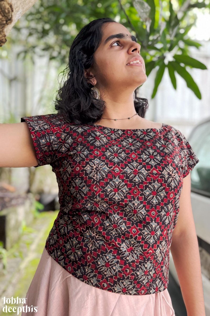 Black Ajrakh and Copper Tissue Onam Skirt & Top Set - Lobha Deepthis