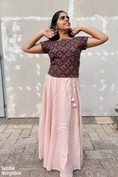 Black Ajrakh and Copper Tissue Onam Skirt & Top Set - Lobha Deepthis