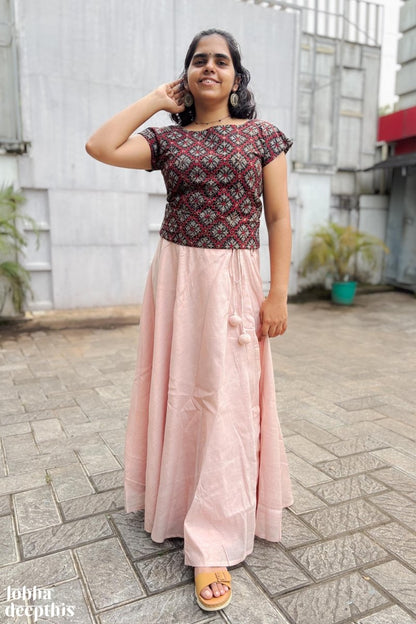 Black Ajrakh and Copper Tissue Onam Skirt & Top Set - Lobha Deepthis