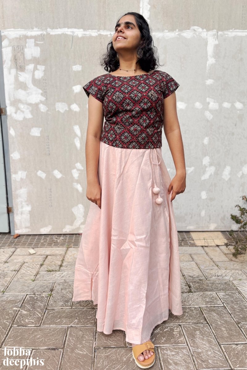 Black Ajrakh and Copper Tissue Onam Skirt & Top Set - Lobha Deepthis