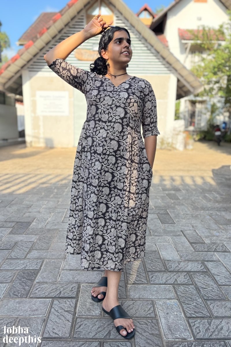 Black Bloomingdale Bagru Dress - Lobha Deepthis