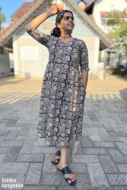 Black Bloomingdale Bagru Dress - Lobha Deepthis