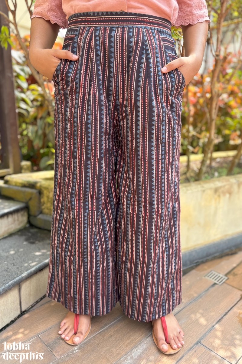 Black Cone Stripes Cotton Parallel Pants - Lobha Deepthis