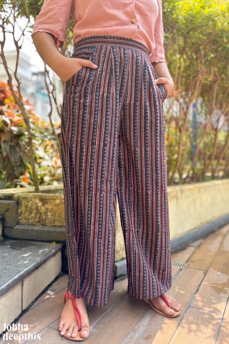 Black Cone Stripes Cotton Parallel Pants - Lobha Deepthis