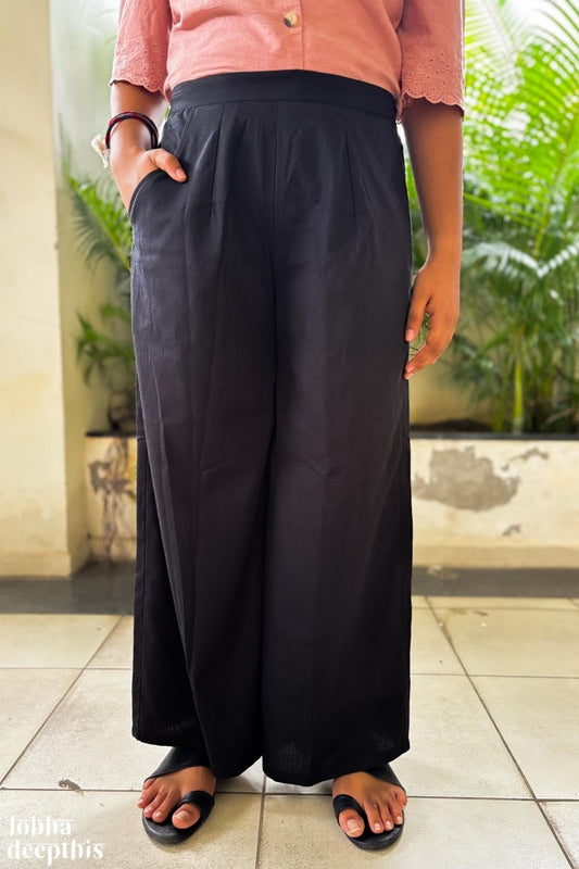 Black Cotton Flax Parallel Pants - Lobha Deepthis