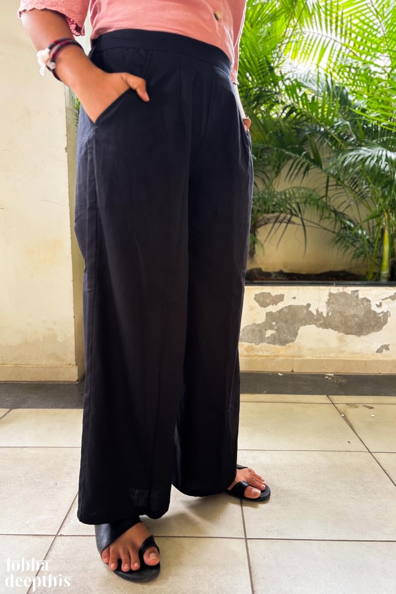 Black Cotton Flax Parallel Pants - Lobha Deepthis