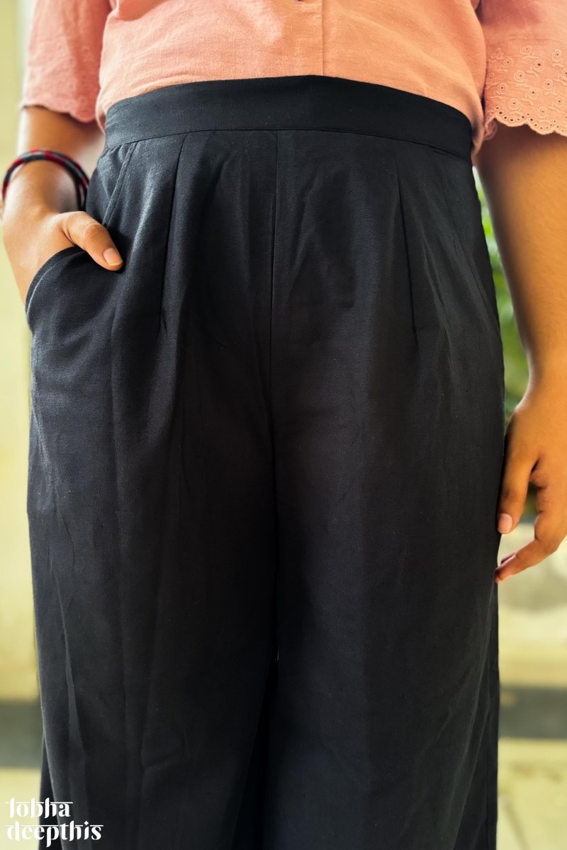 Black Cotton Flax Parallel Pants - Lobha Deepthis
