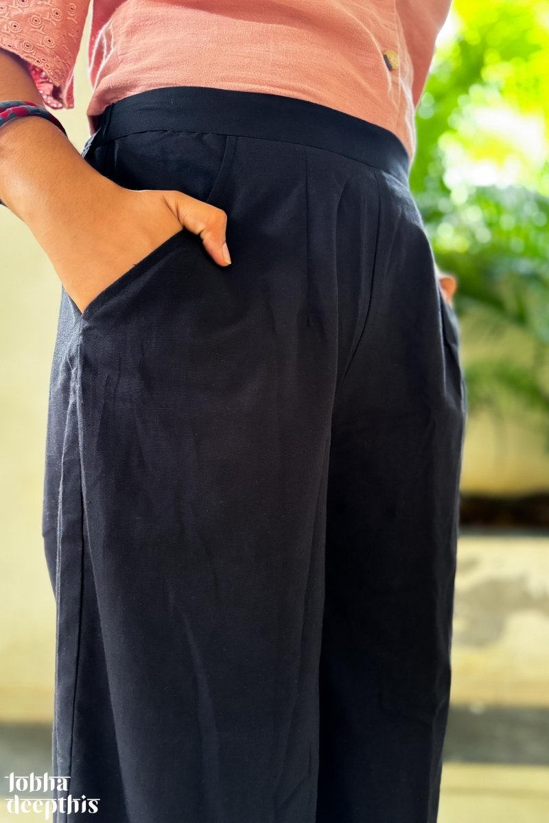 Black Cotton Flax Parallel Pants - Lobha Deepthis