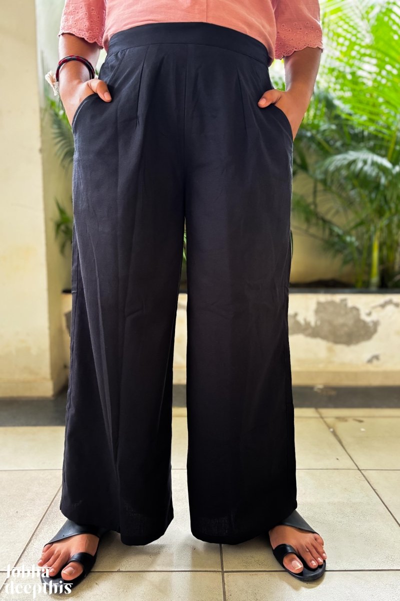 Black Cotton Flax Parallel Pants - Lobha Deepthis
