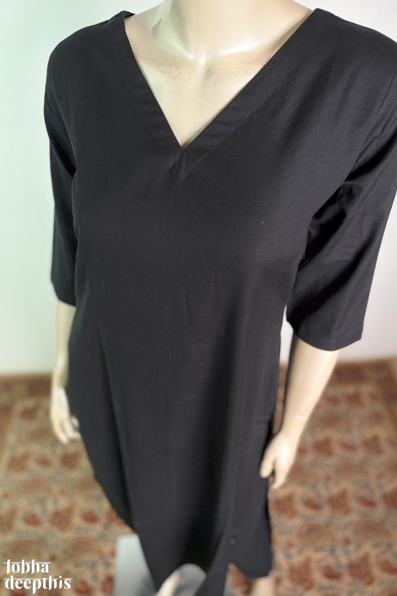 Black Cotton Flax V Neck Kurta - Lobha Deepthis