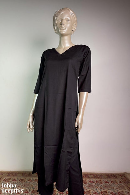 Black Cotton Flax V Neck Kurta - Lobha Deepthis