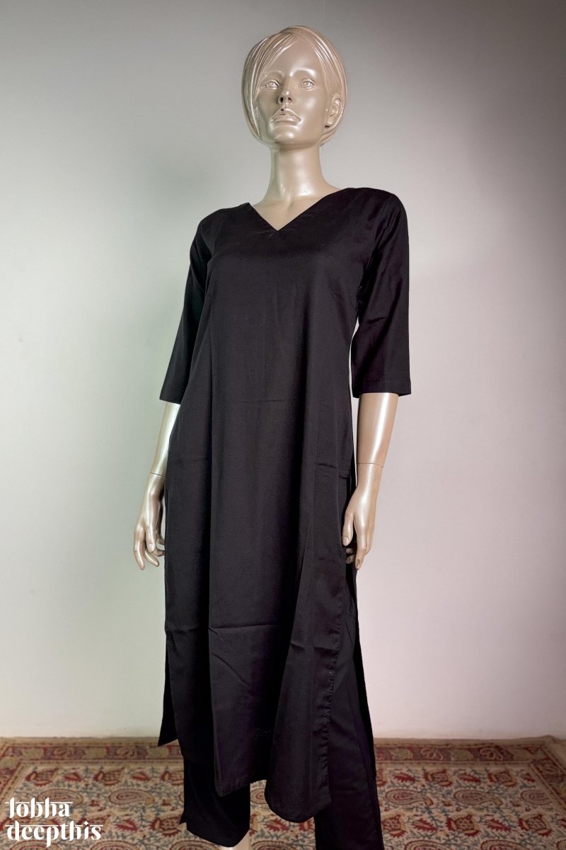 Black Cotton Flax V Neck Kurta - Lobha Deepthis