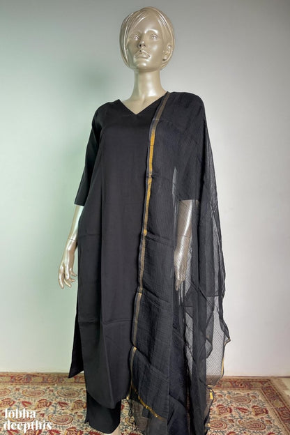 Black Cotton Flax V Neck Kurta - Lobha Deepthis