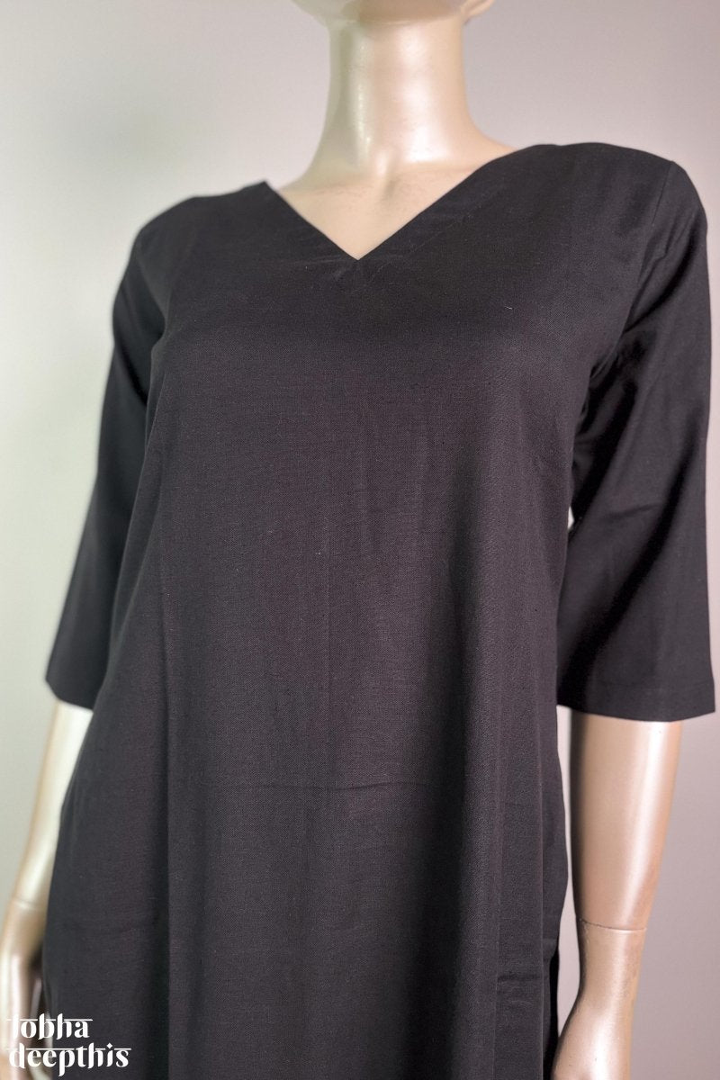 Black Cotton Flax V Neck Kurta - Lobha Deepthis