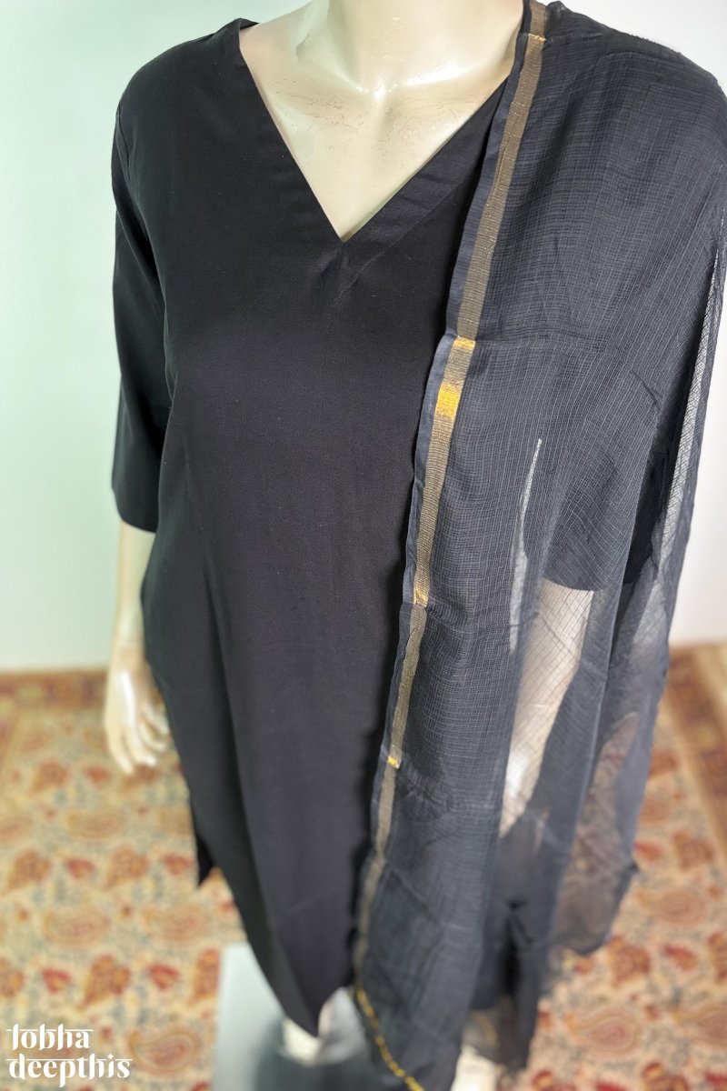 Black Cotton Flax V Neck Kurta - Lobha Deepthis