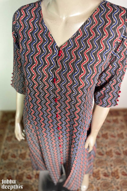 Black Kantha Stripes Aline Kurta - Lobha Deepthis