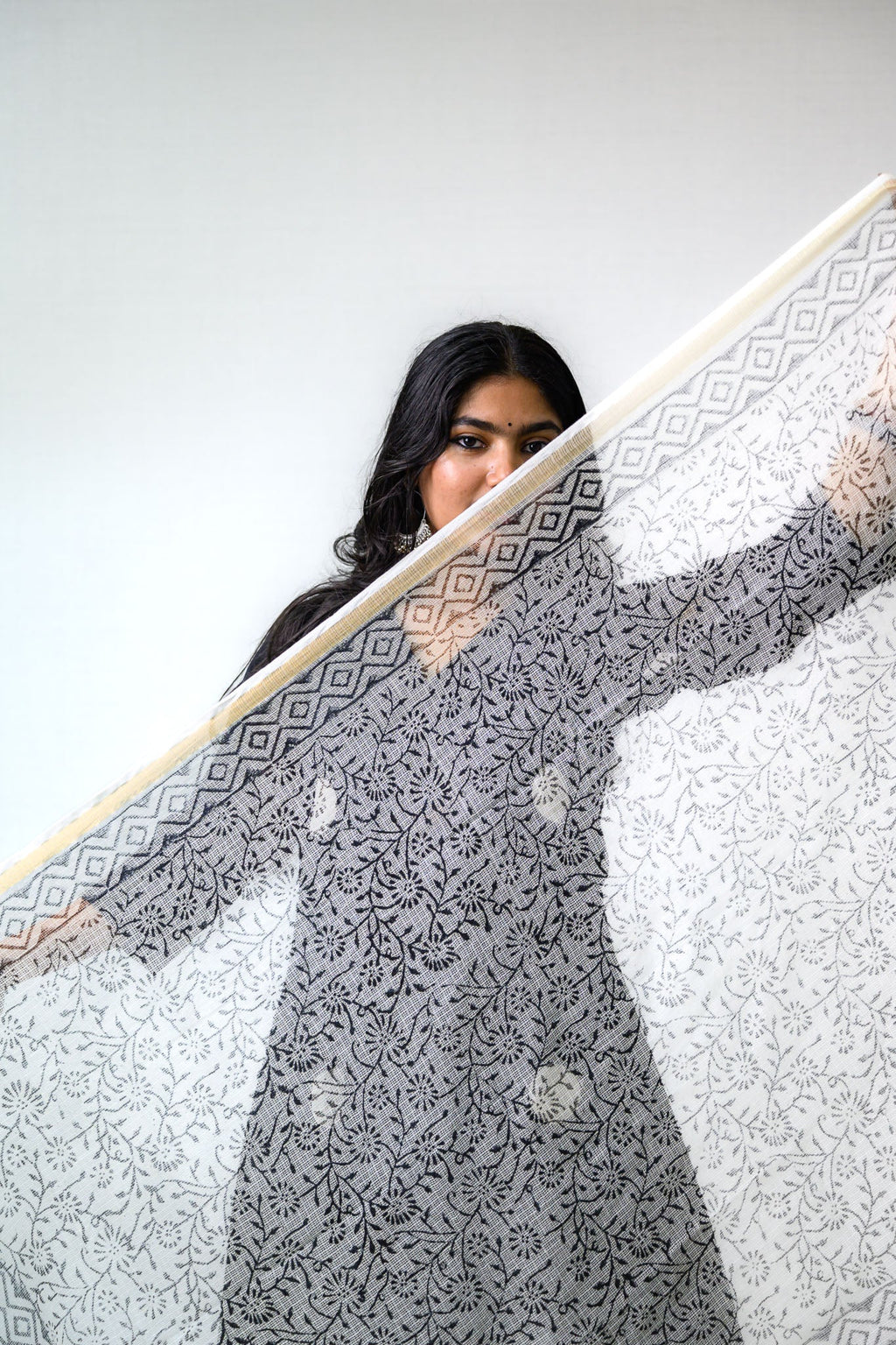 Black on White Sanganeri Florals Kota Doria Dupatta - Lobha Deepthis