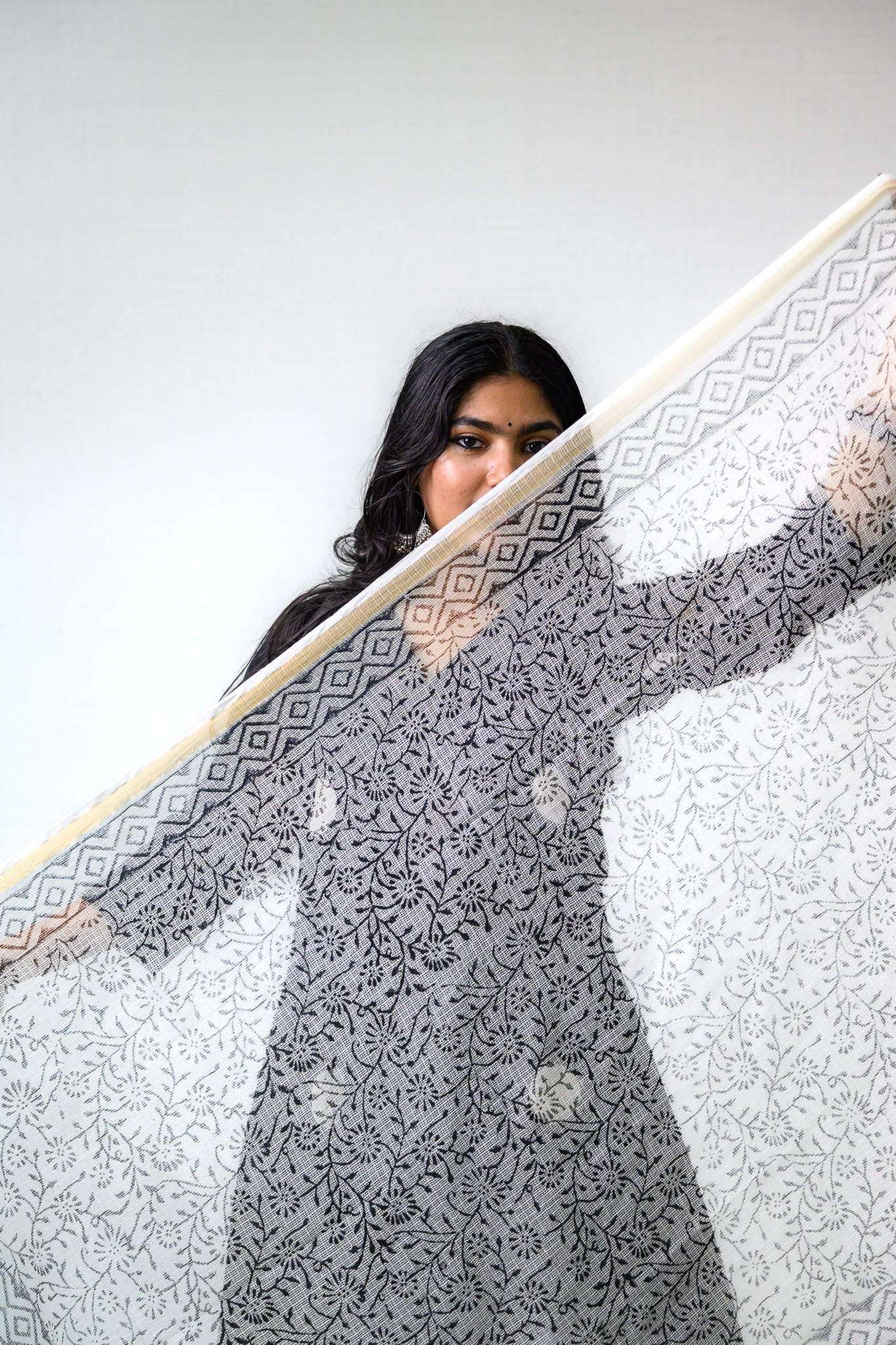Black on White Sanganeri Florals Kota Doria Dupatta - Lobha Deepthis