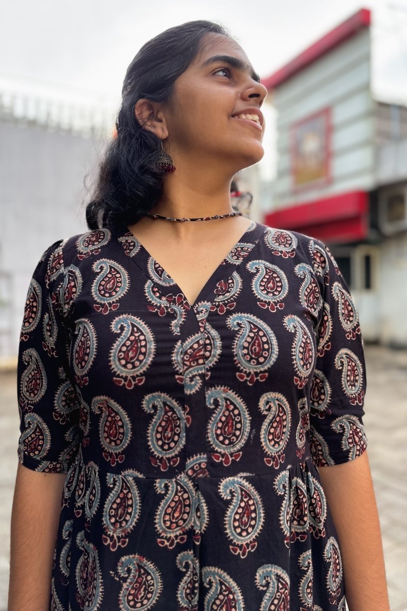 Black Paisley Ajrakh Dress - Lobha Deepthis