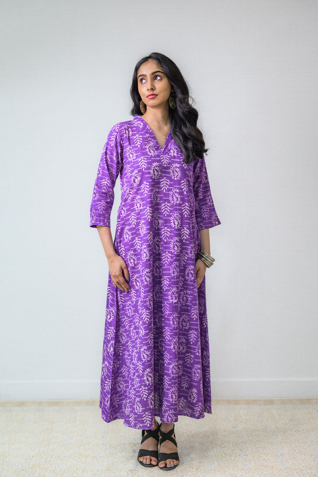 Bloomveil Lavender Dabu Cotton Dress - Lobha Deepthis