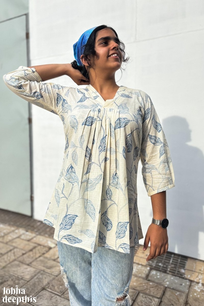 Blue Autumn Pleated Short Top - Lobha Deepthis