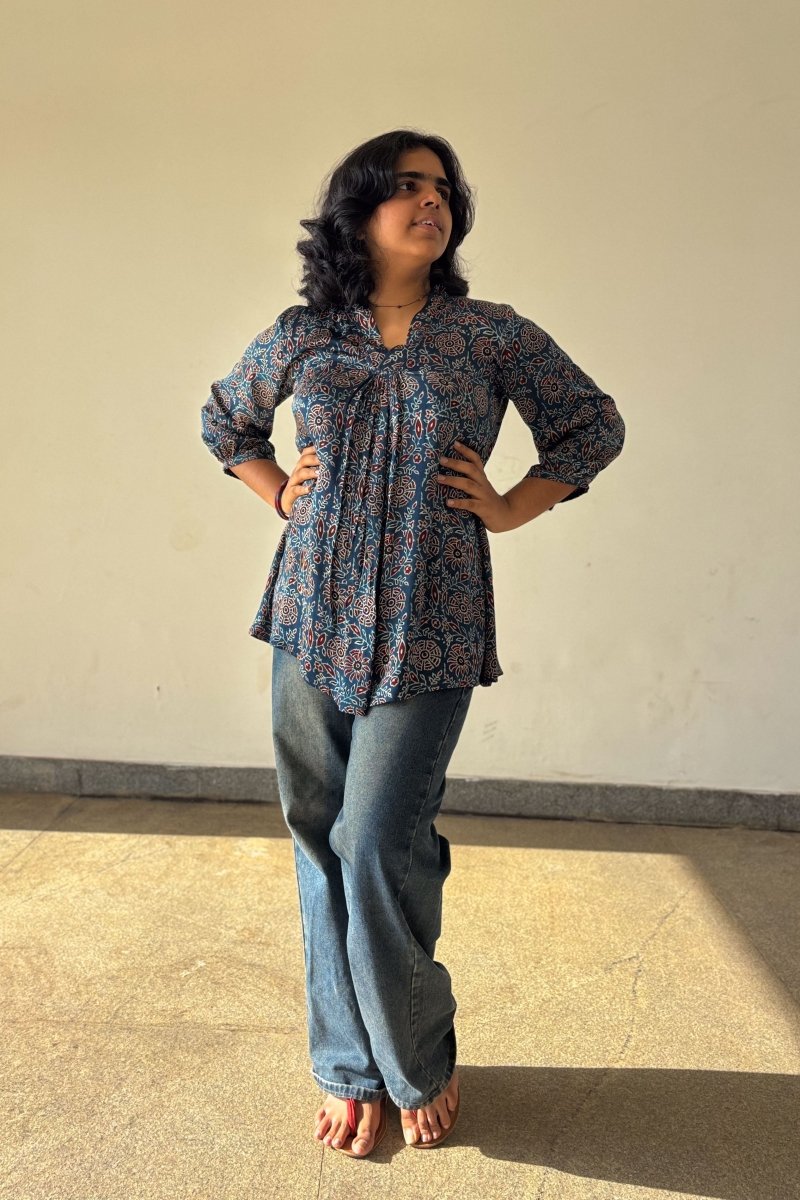 Blue Blooms Modal Ajrakh Short Top - Lobha Deepthis