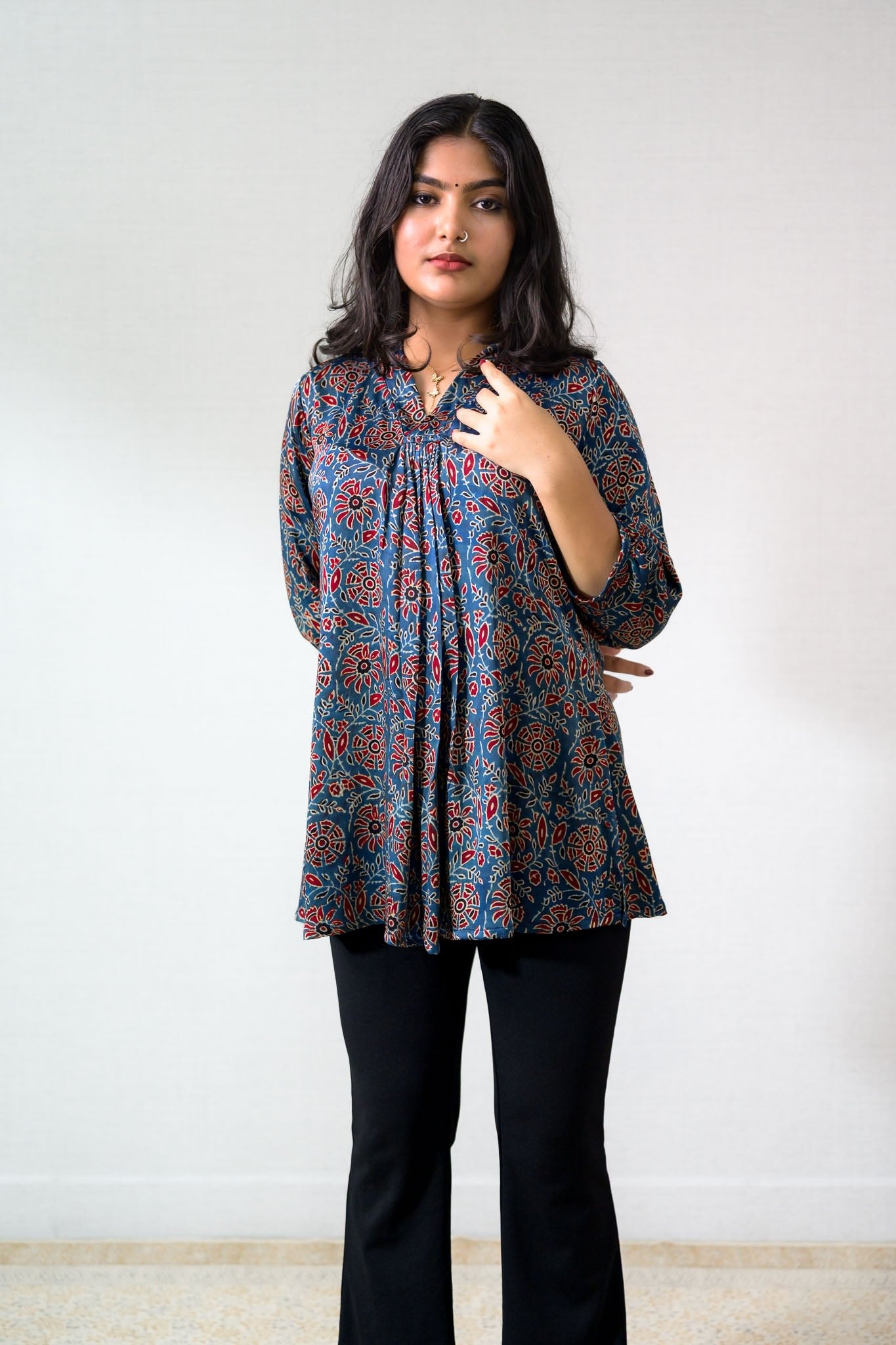 Blue Blooms Modal Ajrakh Short Top - Lobha Deepthis